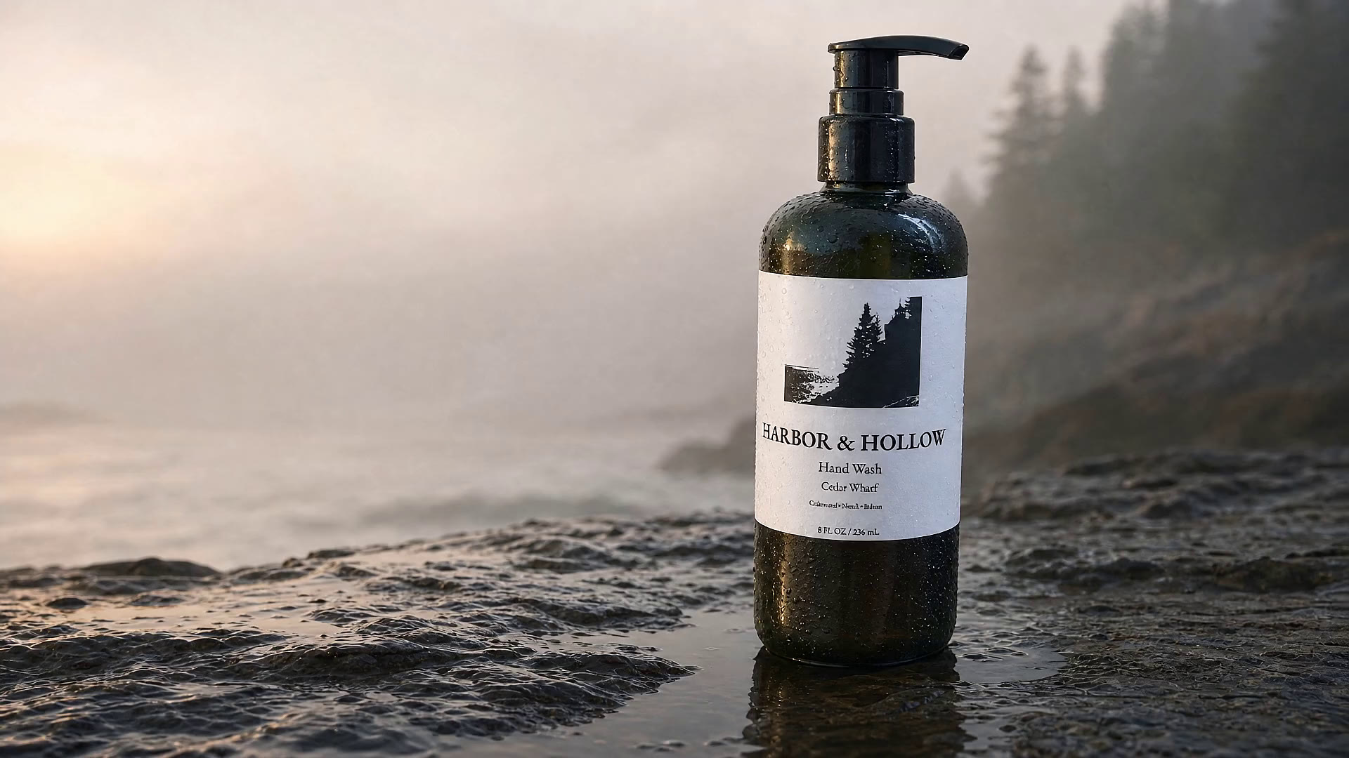 Coastal hand wash concept bottle beside a misty shoreline